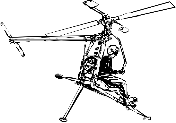 The black and white photo shows a helicopter with its rotors spinning against an indistinct background that appears to be nighttime due to darkness surrounding it.
