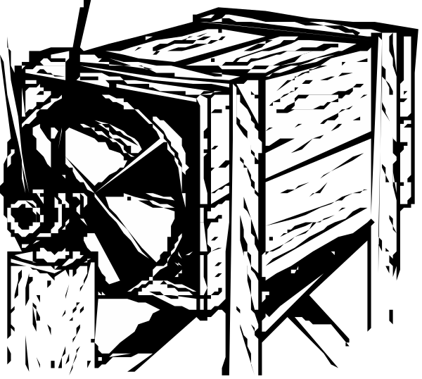 The black and white illustration shows a table with two legs on top of it that has been cut off at an angle to create a chair-like structure; there is also what appears to be some sort of object in front, possibly another piece of furniture or equipment due to its shape but not clearly identifiable.