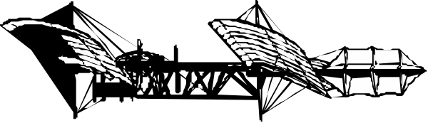 The image shows a black and white illustration of an abstract design that resembles stylized wings with intricate patterns on them against a dark background.