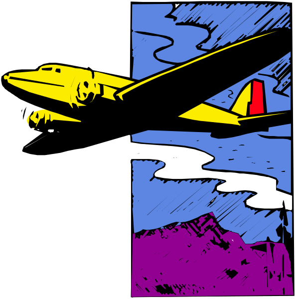 The image shows a black and white illustration of an airplane with two wings flying over mountains under a cloudy sky at nighttime.