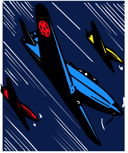 The illustration depicts a scene of three fighter jets flying through an overcast sky at night with lightning bolts in their wake.