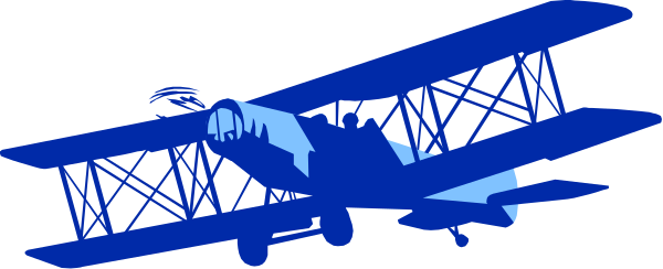 The image shows a blue airplane with wings on top of it flying through an overcast sky against a dark background.