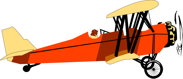 The image shows a colorful cartoon of an airplane with red wings flying over what appears to be a cityscape at sunset.