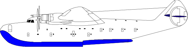 The image shows a black and white illustration of an airplane with blue markings on its side flying through what appears to be clouds against a grey sky background.