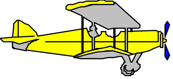 The image shows a yellow airplane with propellers on top of it parked next to an airport terminal building under clear skies at nighttime.