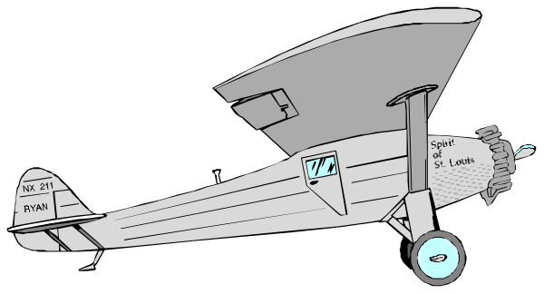 The black and white illustration shows a biplane with two sets of wings on top of each other, parked at an airport runway under clear skies during daylight hours.