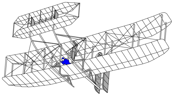 The image shows a black and white illustration of an airplane with wings spread out against a dark background.