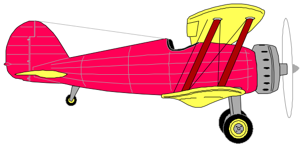 The image shows a cartoon of an old airplane with two propellers on its wings, painted red and yellow, parked in front of what appears to be a hangar door that is open.