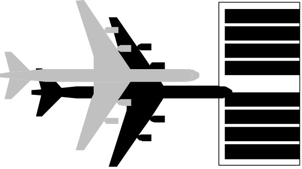 The image shows a black and white illustration of an airplane with its landing gear down flying over what appears to be runway markings on a tarmac at nighttime.
