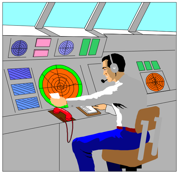 The black and white comic strip shows a man sitting at an air traffic control console with multiple screens displaying various flight paths; he is holding onto his hat as if it's windy outside due to high winds, which suggests that there might be turbulence in-flight or the plane may have just landed.