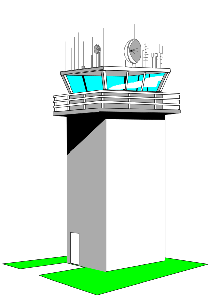 The image shows a black and white illustration of an air traffic control tower with multiple antennas on top against a dark background.