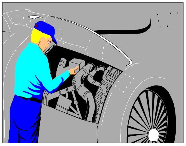 The comic strip shows a man working on an engine of a car with his hands inside it while standing next to another person who is pointing at something in front of them both.