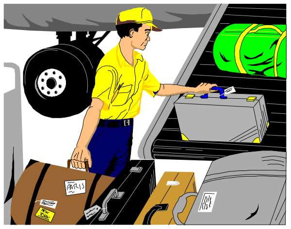 The comic strip shows a man standing next to an open suitcase filled with items inside of what appears to be a vehicle's trunk area; he is wearing a yellow shirt and has luggage nearby on the ground, suggesting that he might have just unloaded or loaded his belongings into this space.