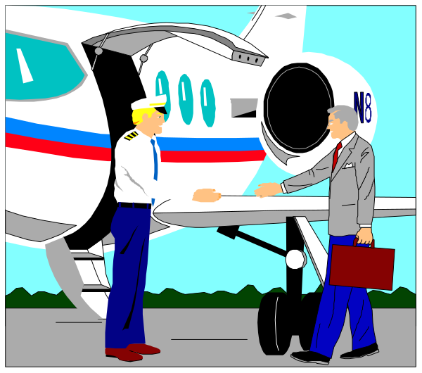 The comic strip shows a scene with two men shaking hands on an airport tarmac next to a large airplane labeled "N801." One man is wearing a pilot's uniform while holding papers, and he has just disembarked from his plane; another person in business attire greets him. The background features the skyline of what appears to be New York City with iconic landmarks like Times Square visible behind them.