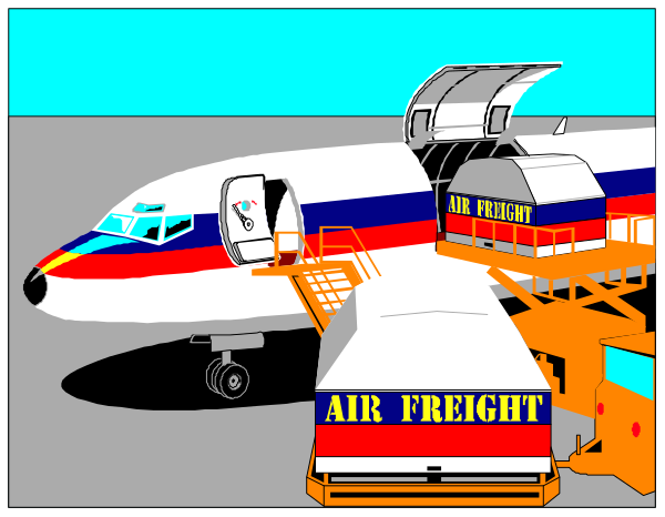The illustration depicts an airport scene with a large passenger airplane parked at its gate next to stairs leading up into it; there's also ground support equipment visible in front of the plane including baggage carts and trucks, as well as cargo loading vehicles nearby on what appears to be tarmac.