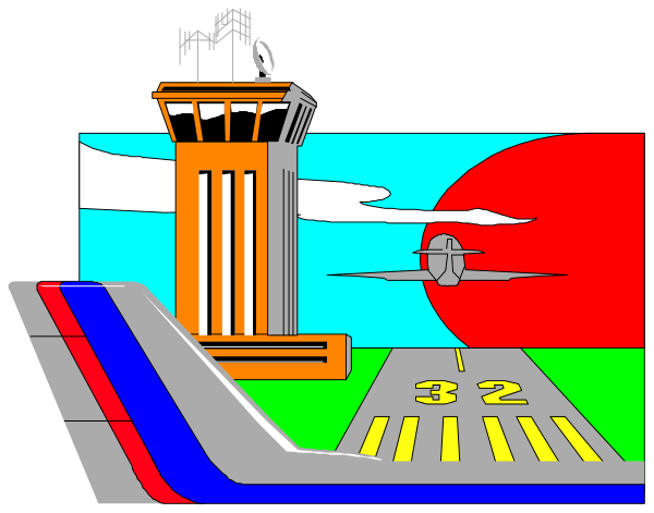 The image shows a cartoon depiction of an airport scene with various elements such as airplanes on runways, control towers, hangars, terminal buildings, taxiing vehicles like cars and buses, trees in front of terminals, and clear skies above. There is also text that reads "32" which could be a gate number or some other form of identification within the airport context.
