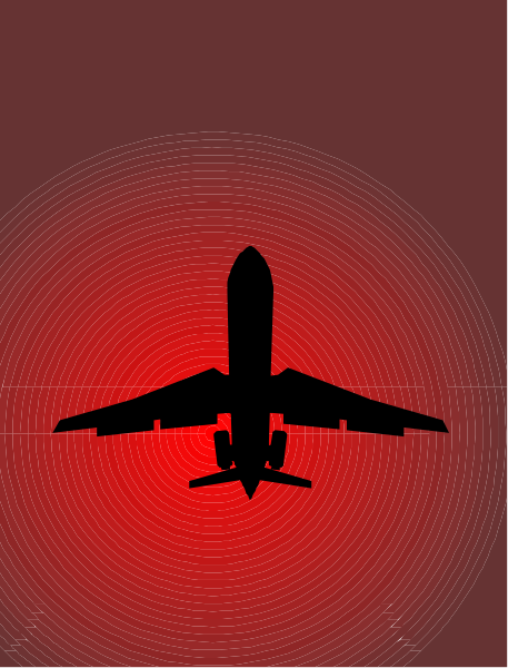 The image shows a red airplane flying against an orange background with its landing gear down.