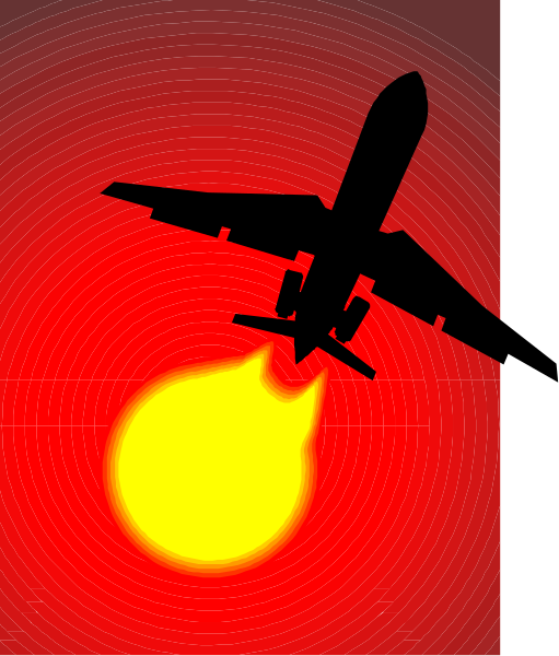 The image shows a red airplane flying against an orange sunset sky with clouds visible below it on its left side; there is no text present in this clip-art illustration.