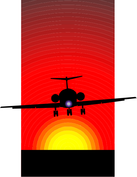 The image shows a red airplane flying over an orange sunset with silhouettes of buildings below it against a dark sky background.