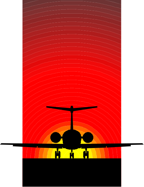 The image shows a red airplane silhouette at sunset with two propellers on each wing against an orange sky background; there is no text present in this clip-art illustration.
