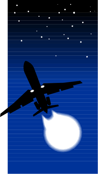The image shows a nighttime scene with an airplane flying through a dark sky against stars; below it is a full moon illuminating part of its underside as if reflecting off water.