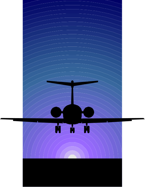 The image shows a large airplane on an airport runway at night with its landing gear down against a dark blue sky background that has purple hues near the horizon where there is also what appears to be either sunrise or sunset, and it's silhouetted by white lines suggesting depth.