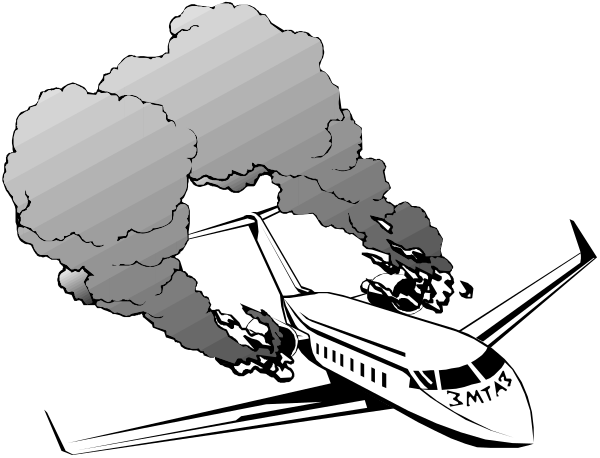 The black and white illustration shows a large airplane with smoke coming from its engines flying through an overcast sky at night.