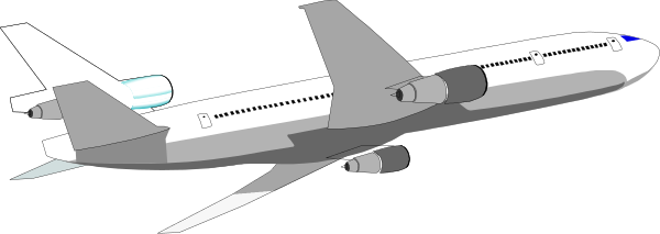 The image shows a white airplane flying against an overcast sky with clouds visible around it; there is no text present in this clip-art illustration.