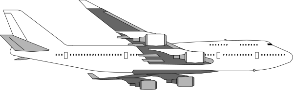 The image shows a black and white illustration of an airplane with its landing gear down on what appears to be runway at nighttime.