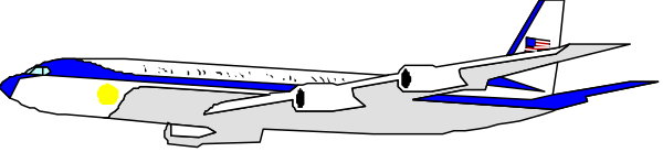 The image shows a large passenger airplane with blue stripes on its body against a dark background.