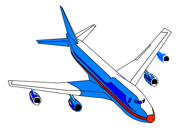 The image shows a blue airplane with two engines on each wing flying against a black background.