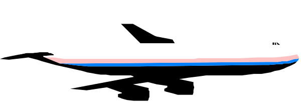 The image shows a large airplane with blue stripes on its body parked at an airport gate next to a jetway.