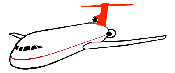 The image shows a red airplane with white stripes on its body flying through an overcast sky against a dark background.