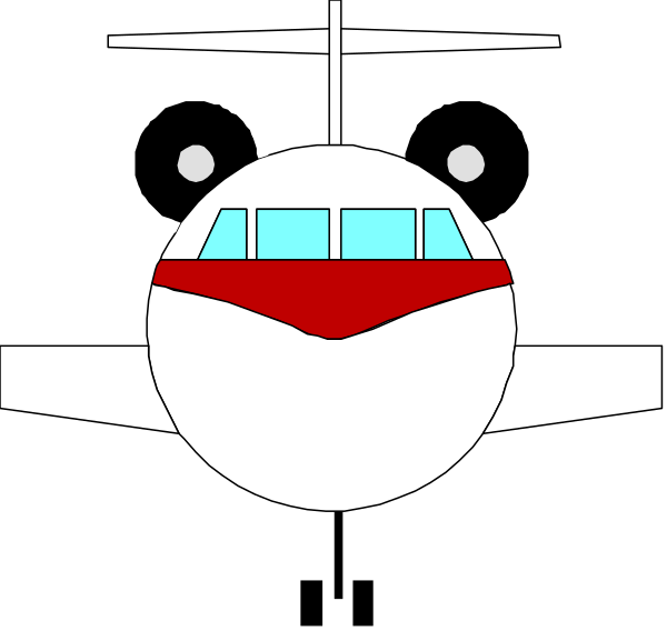 The image shows a cartoon of an airplane with red trim on its nose against a black background.