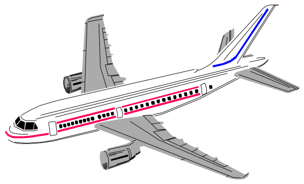 The black and white illustration shows a large passenger jet with red stripes on its body flying through an overcast sky against a dark background.