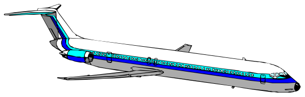 The image shows a blue airplane with white text on it against a black background.