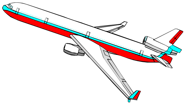 The image shows a colorful illustration of an airplane with red stripes on its body against a black background.