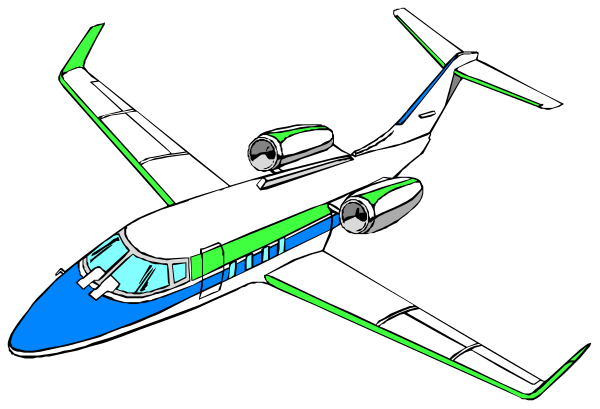 The image shows a blue and white airplane with two propellers on its wings against a black background.