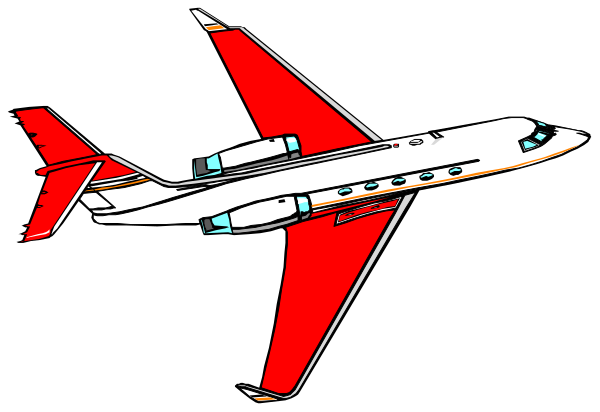 The image shows a red airplane with white markings on its body flying through an overcast sky against a black background.