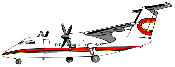 The image shows a white airplane with red stripes on its side parked at an airport terminal under clear skies.