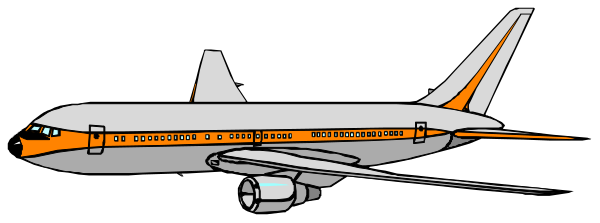 The image shows a large passenger airplane with an orange stripe on its side parked at what appears to be an airport gateway under dark skies.