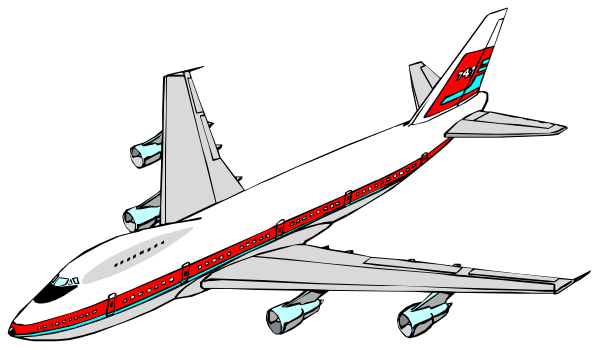 The image shows a large passenger airplane with red stripes on its body against a black background.