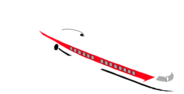 The image shows a red airplane with white stripes on its body parked at an airport gateway.
