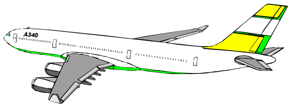 The image shows a colorful illustration of an airplane with yellow markings on its body against a dark background.