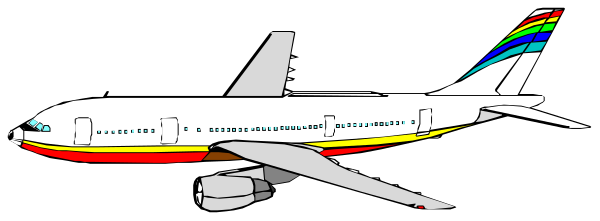 The image shows a colorful airplane with rainbow stripes on its body parked at an airport gate under clear skies.