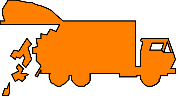 The image shows a black truck with an orange trailer driving on a road next to what appears to be a building under construction; there is also some text that reads "GYPSUM" in white letters atop the truck, and below it, two small figures resembling people are visible near the vehicle.