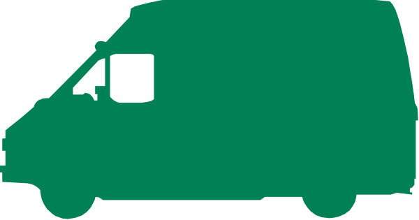 The image shows a green delivery truck with white lettering on it against an indistinct background that appears to be grayish-brown in color.