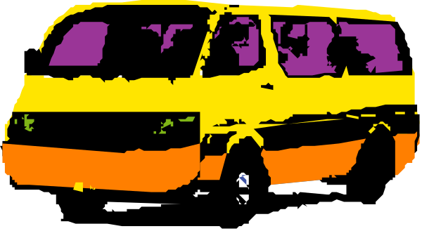 The image shows a colorful van parked next to another vehicle with purple windows on what appears to be an urban street at nighttime.