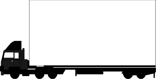 The image shows a black truck with white text on it driving down an empty road under clear skies during daylight hours.