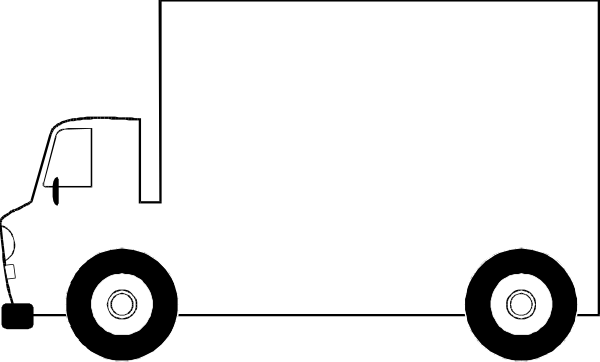 The black and white illustration shows a large box truck with its doors open parked next to an empty street at nighttime.